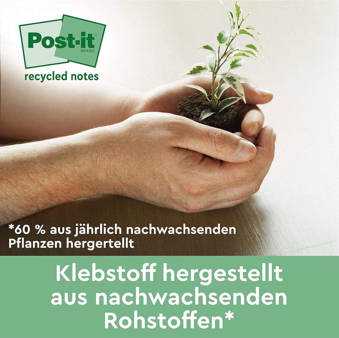 Post-it Recycling Notes Assortierte Farben, Packung mit 16 Blöcken, 100 Blatt pro Block, 76 mm x 76
