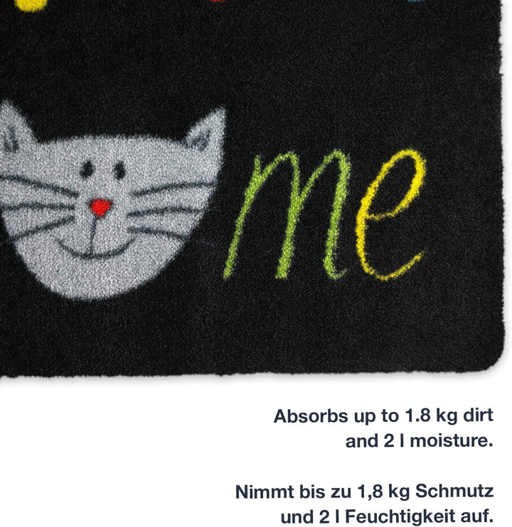 deco-mat Fussmatte Katze 50 x 70 cm Schwarz - Fussmatte mit Katzen - rutschfest &amp; waschbar - Schmutz