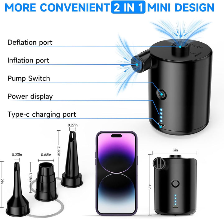 Elektrische Luftpumpe, 4000mAh Akku Elektrische Pumpe mit 4 Düsen für Luftmatratze, Matratze, Pool,