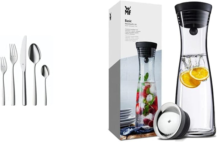 WMF Boston Besteck Set 12 Personen, Essbesteck 60 teilig, Monobloc-Messer & Basic Wasserkaraffe aus