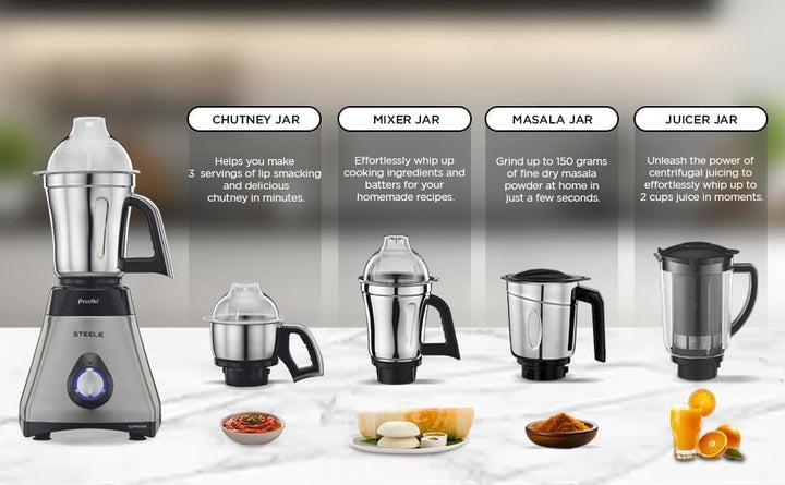 Preethi MG-208 Mixer-Mühle für das Mahlen zu Hause, 750 W, leistungsstarker Motor, 4 Edelstahldosen