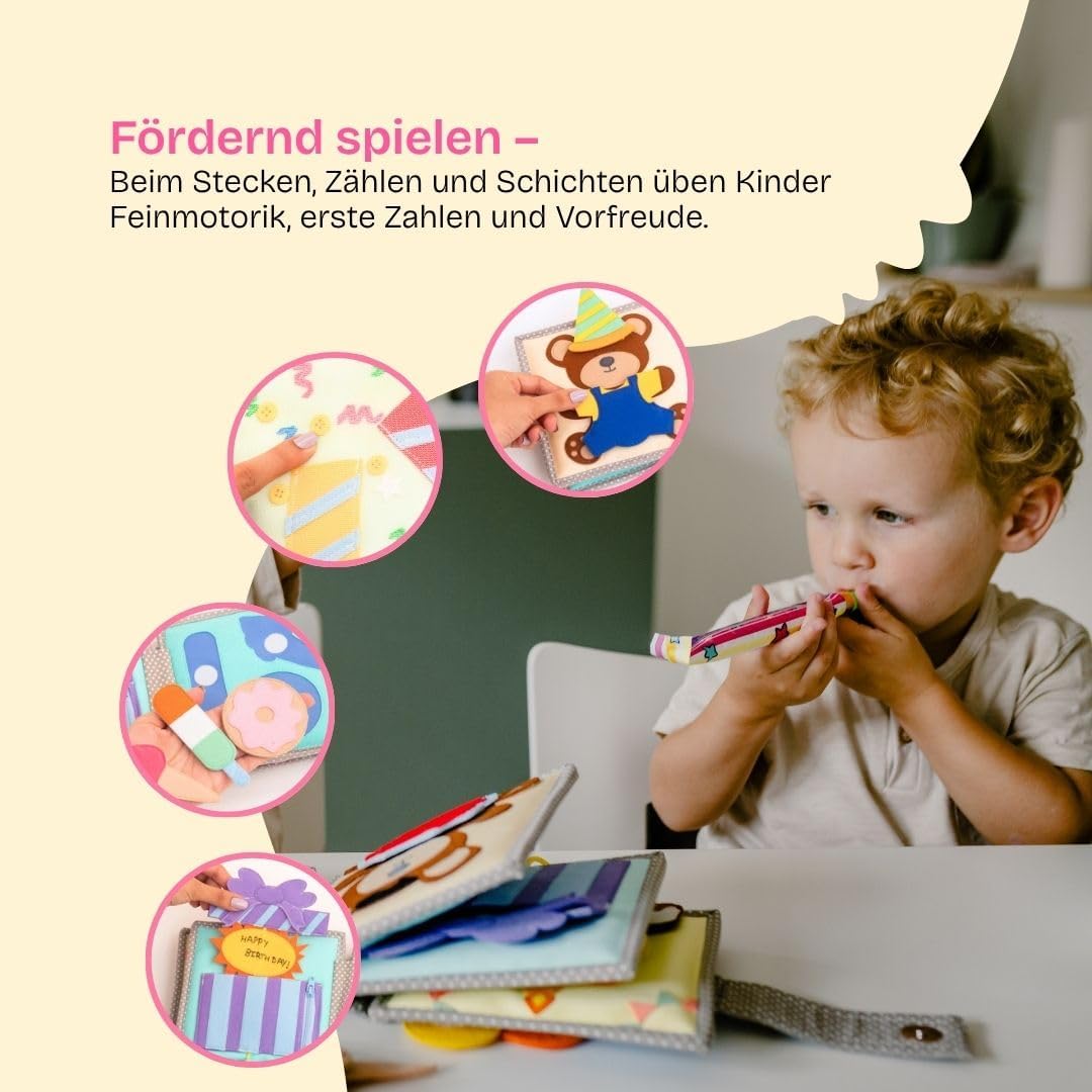 Jolly Designs – Happy Bearsday - 6 Seiten Mini Quiet Book – Montessori Spielzeug ab 1 Jahr – Motorik