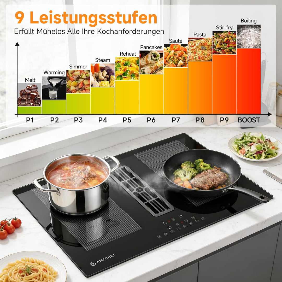 AMZCHEF Induktionskochfeld mit integriertem Dunstabzug 7200W, 4 Kochzonen, Autarkes Muldenlüfter-Koc
