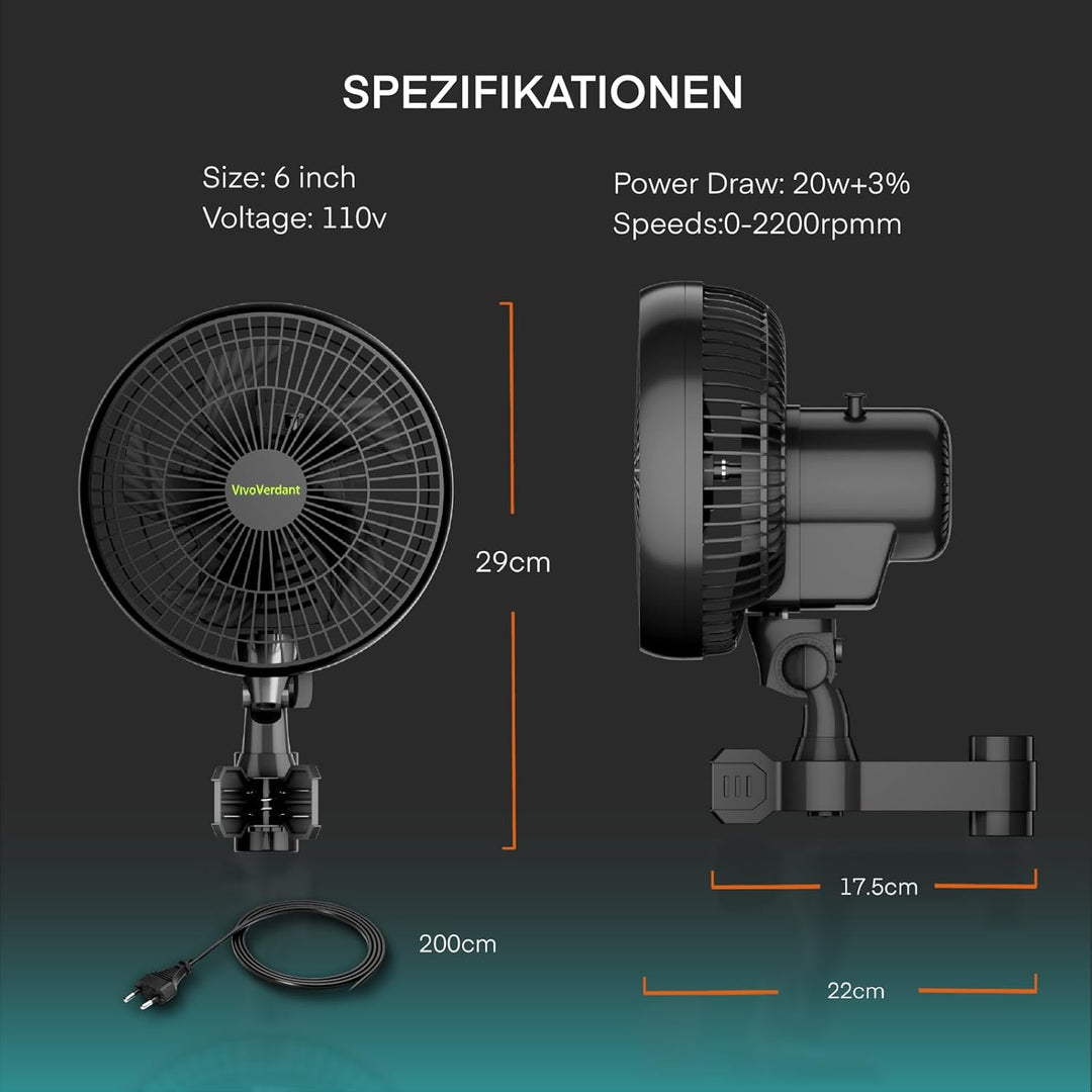 6'' Grow Ventilator mit Clip, EC Motor, IP-54 6-Zoll-Anklemmventilator für Grow Tent, Oszillierender