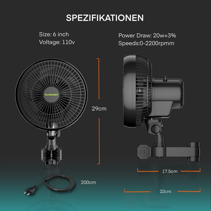 6'' Grow Ventilator mit Clip, EC Motor, IP-54 6-Zoll-Anklemmventilator für Grow Tent, Oszillierender