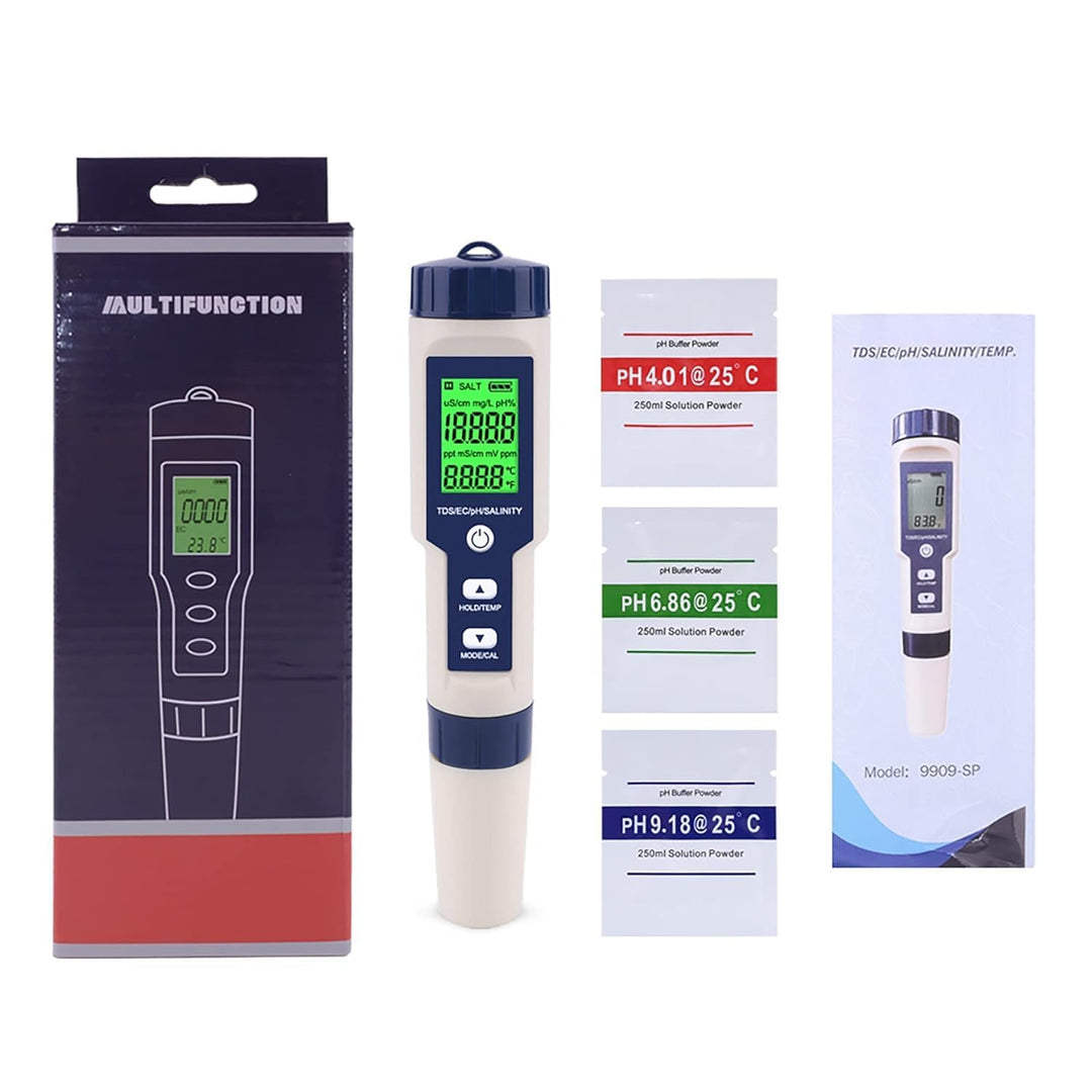 5 in 1 pH Messgerät Wasserqualität Tester – PH EC TDS Salzgehalt Temperatur Messgerät mit ATC, LCD H