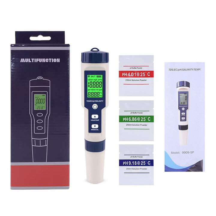 5 in 1 pH Messgerät Wasserqualität Tester – PH EC TDS Salzgehalt Temperatur Messgerät mit ATC, LCD H