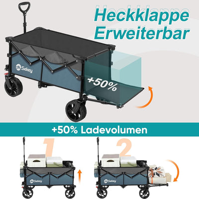 Sekey XXL Bollerwagen Faltbar mit Erweiterbarer Heckklappe 135L & 200L, Faltbarer Bollerwagen Klappb