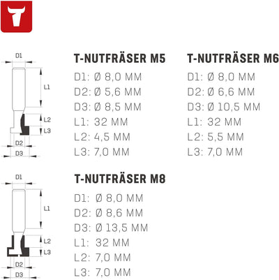 STIER T-Nutfräser-Set 3-teilig M5 M6 und M8 Schrauben, 8 mm Schaft, für Oberfräsen, T Nut Fräser, T