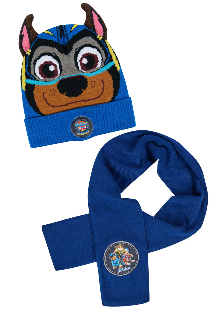 Paw Patrol Chase Jungen Kinder Winter-Set Beanie Winter-Mütze mit Ohren + Schal