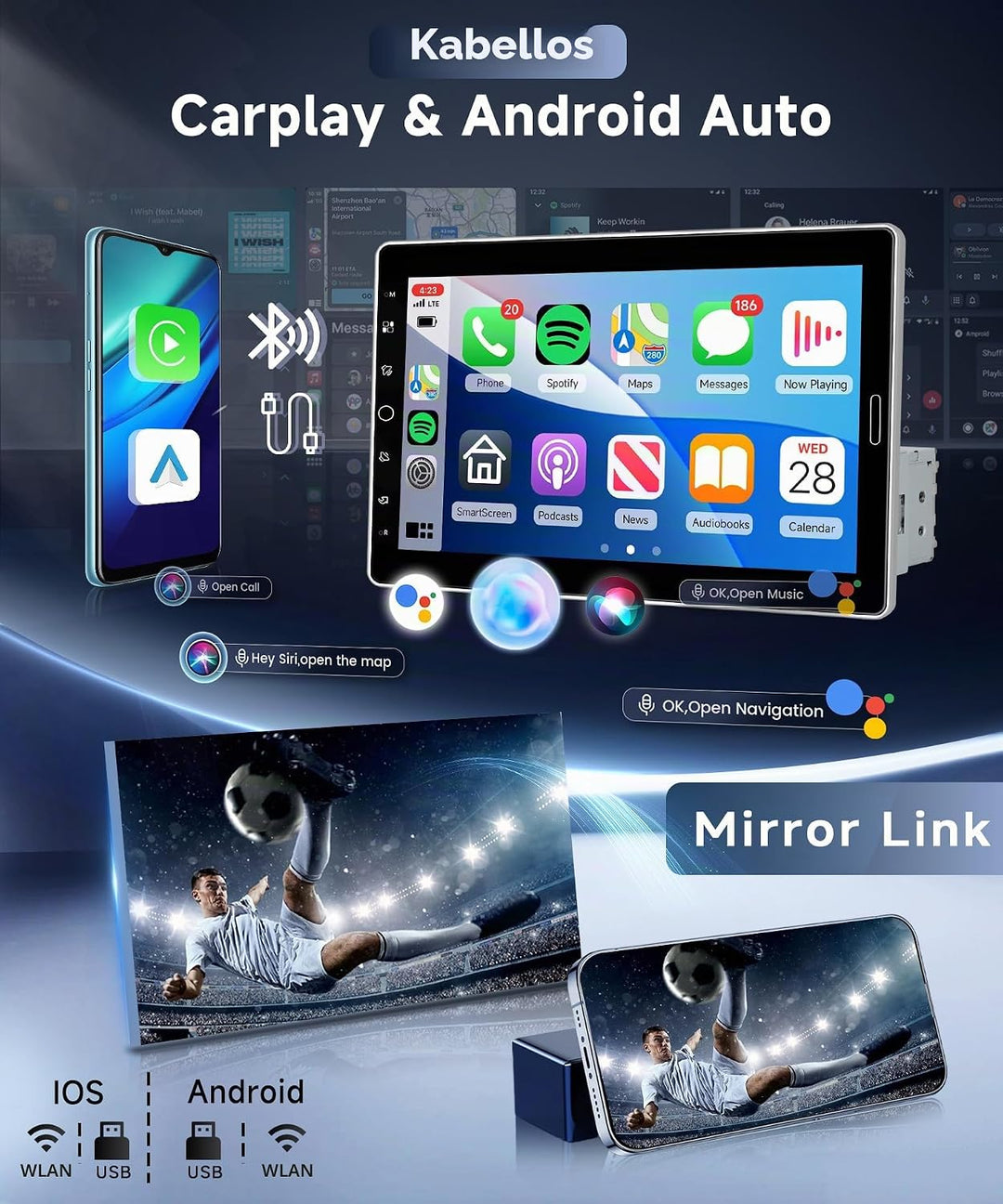 VECHTEL Autoradio 1 Din mit Drahtlos Carplay Android Auto, 10.1 Zoll HD IPS Touchscreen Autoradio mi
