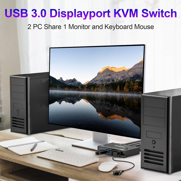 USB 3.0 KVM Switch Displayport 4K@144Hz, KVM Switch 2 PC 1 Monitor 8K@30Hz, DP KVM Switches for 2 PC