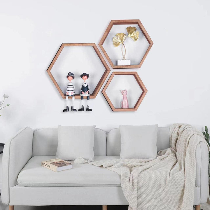 MITREL Hexagon Wandregal, Wohnzimmer Deko Wand, Holz Hängeregal für Schlafzimmer, 3er-Set(Karbonisie
