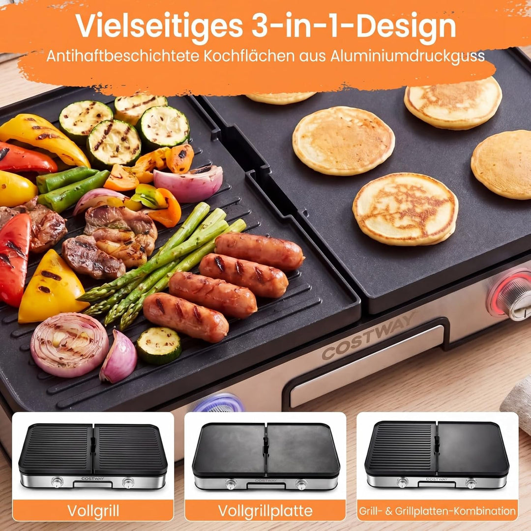 COSTWAY Tischgrill elektrisch, 2000W Elektrogrill mit Spritzschutz, 2 Thermostate, 6 Temperatureinst
