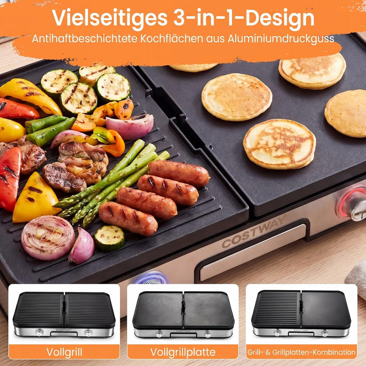COSTWAY Tischgrill elektrisch, 2000W Elektrogrill mit Spritzschutz, 2 Thermostate, 6 Temperatureinst
