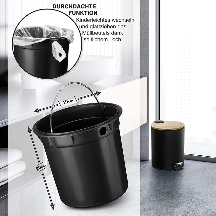 VMbathrooms 5L Kosmetikeimer in edlem schwarzem Design | Tretmülleimer mit Absenkautomatik (Soft Clo