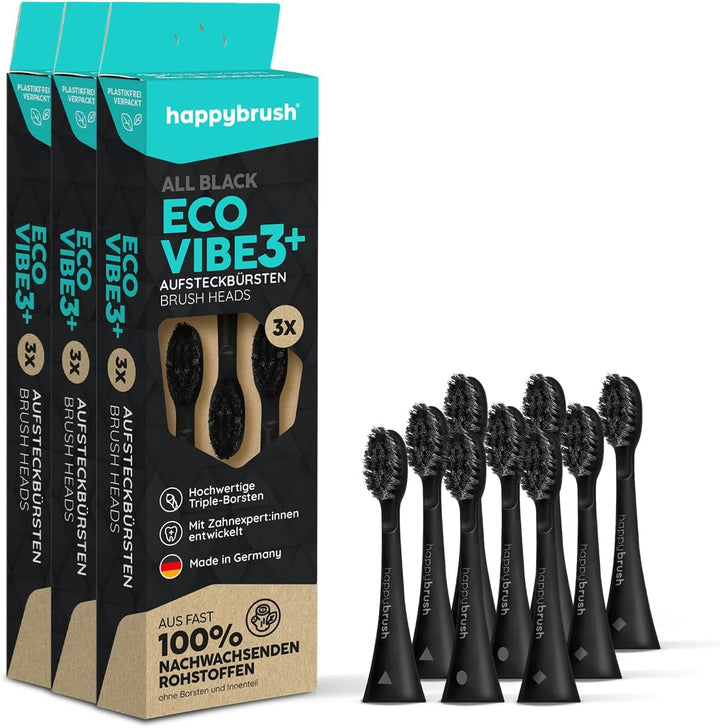 happybrush® Nachhaltige Aufsteckbürsten für elektrische Schall-Zahnbürste Eco VIBE 3 - Allblack - 3x