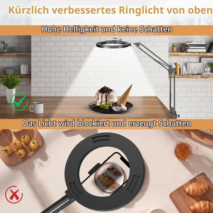 yAyusi Overhead Ringlicht mit Stativ, 360° Drehung Flexibles Tisch Handy Stativ, Overhead Kamera Tis