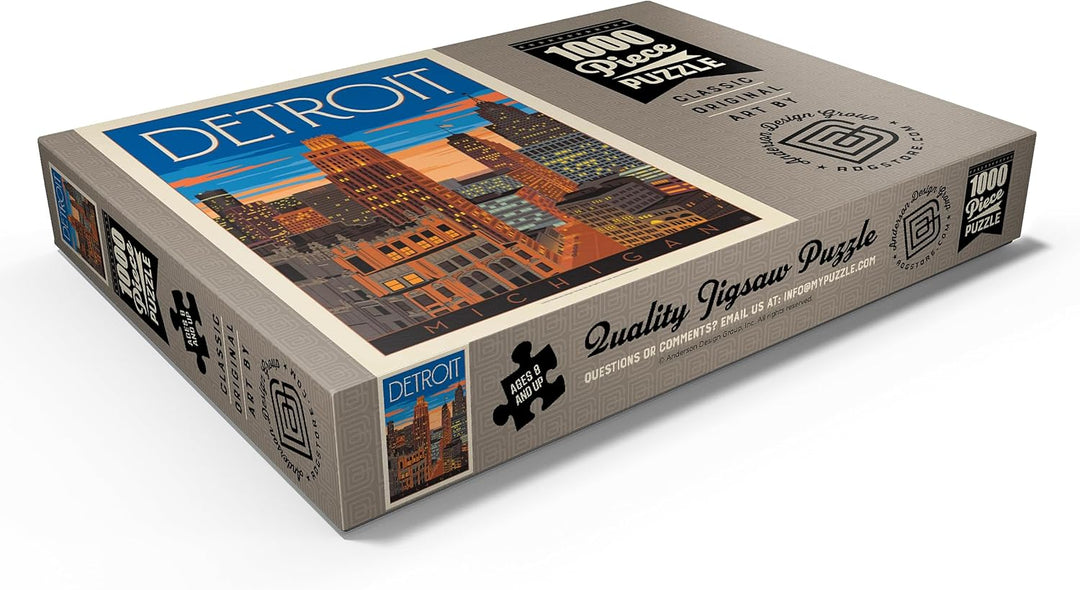 Detroit, MI: Skyline, Vintage Poster - Premium 1000 Teile Puzzle - MyPuzzle Sonderkollektion von And