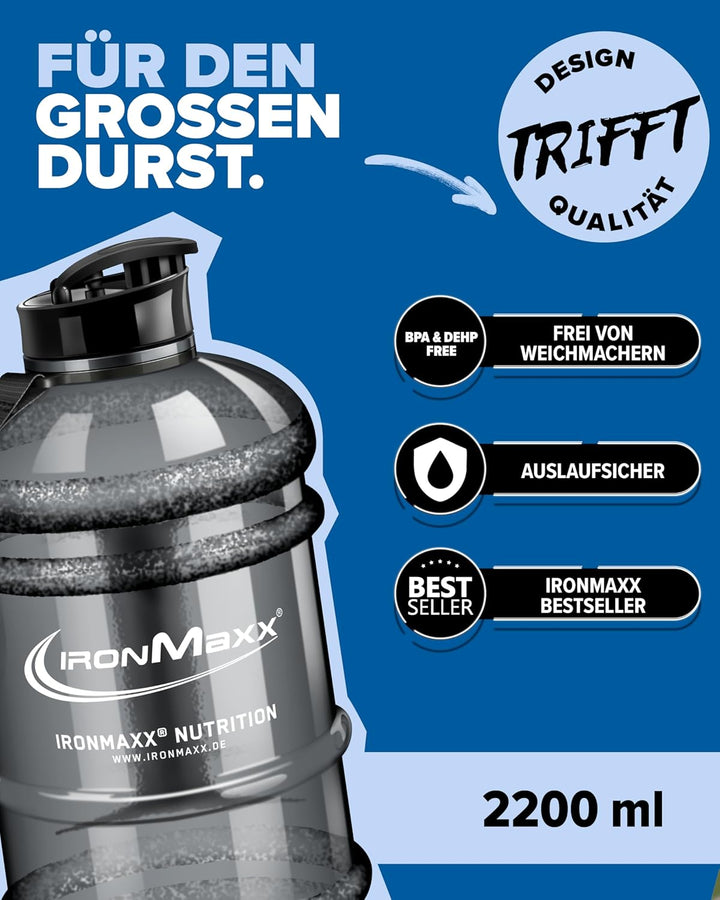 IronMaxx Water Gallon - Grau 2200ml | BPA & DEHP frei | auslaufsichere Trinkflasche mit Messskala |