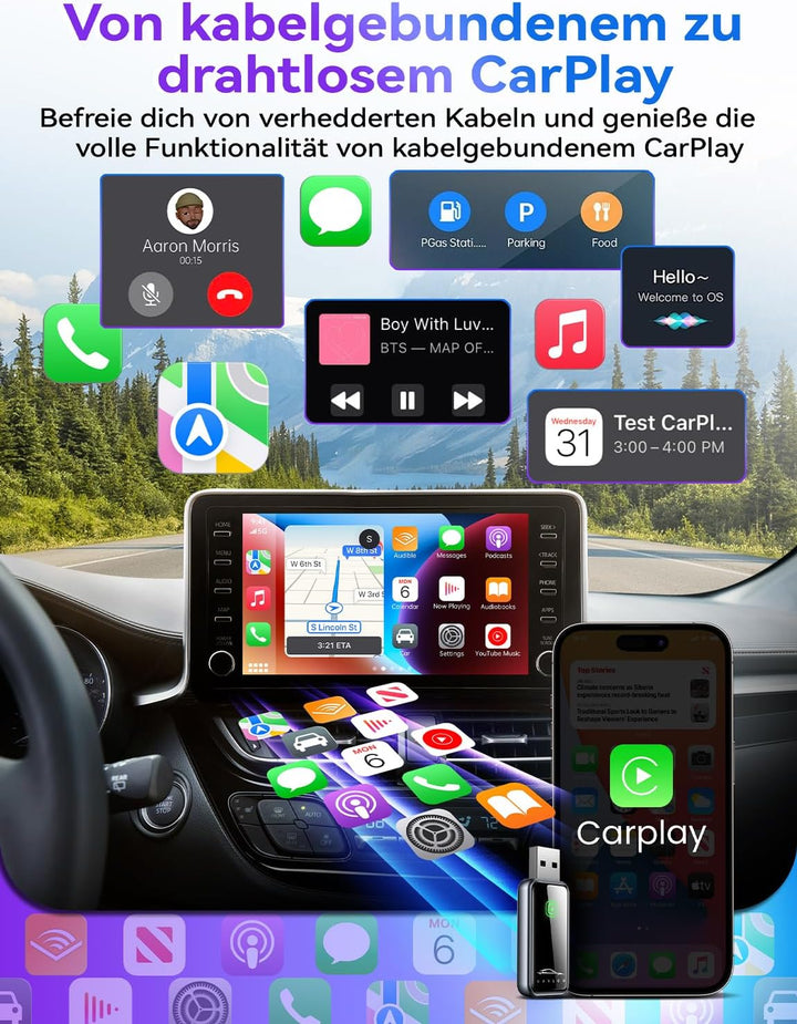 CarPlay Wireless Adapter für iPhone, Stabiler Schneller Mini, Superschnelle Upgrade von Wired auf Wi