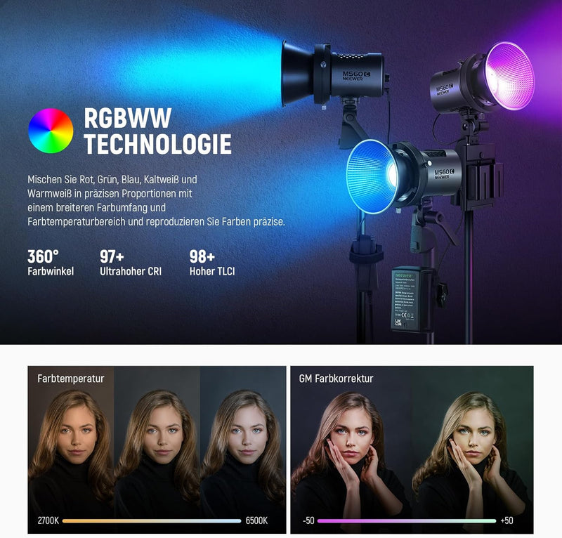 NEEWER MS60C RGBWW LED Videoleuchte Studiolicht 2,4G/APP Steuerung, 65W Ganzmetall Mini Kompakt RGB