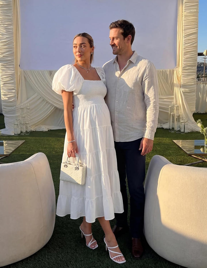 ZESICA Damen-Sommerkleid, eckiger Ausschnitt, Kurze Puffärmel, einfarbig, hohe Taille, lässig, flies