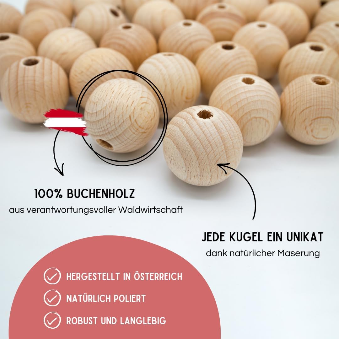 EV® Holzkugeln mit Loch - 12 Stück 50mm Durchmesser - Made in Austria - Grosse Holzperlen mit 8mm Bo