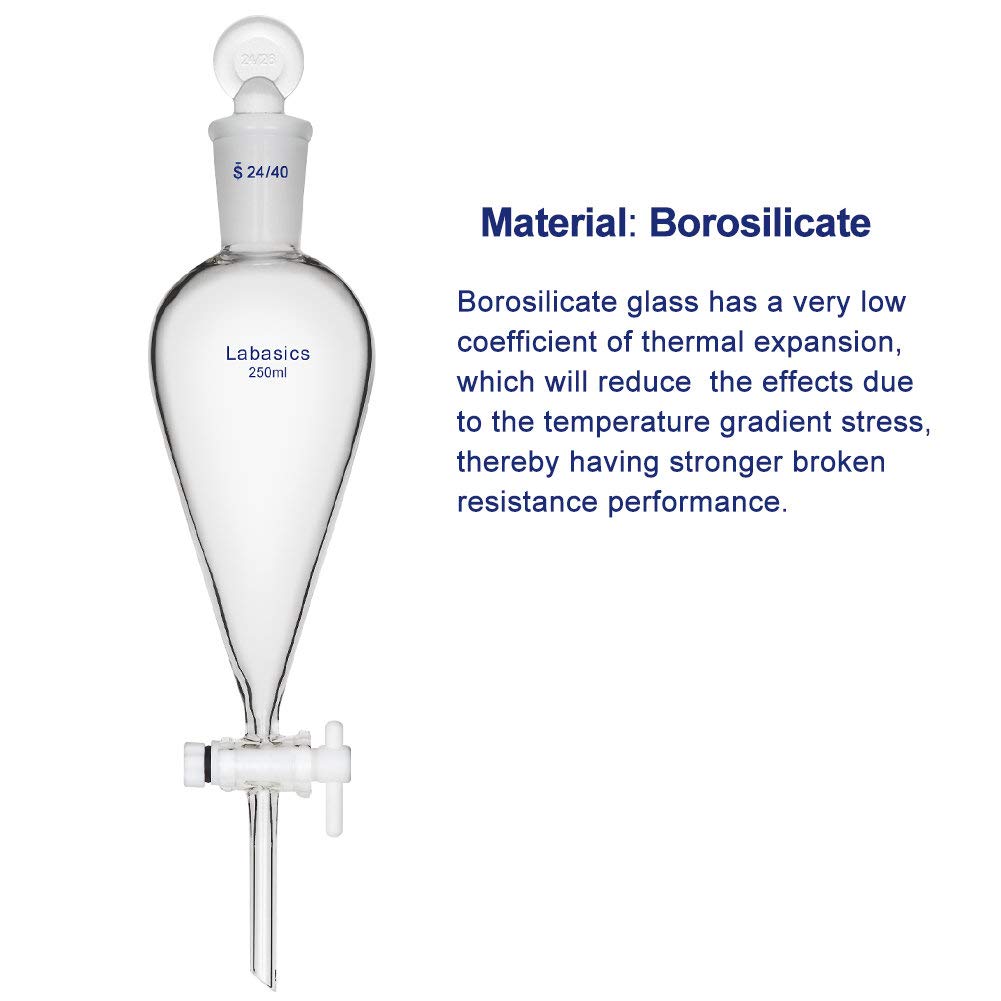 Labasics Borosilikatglas Konischer Scheidetrichter mit PTFE-Absperrhahn, Separatory Funnel 250ml 250