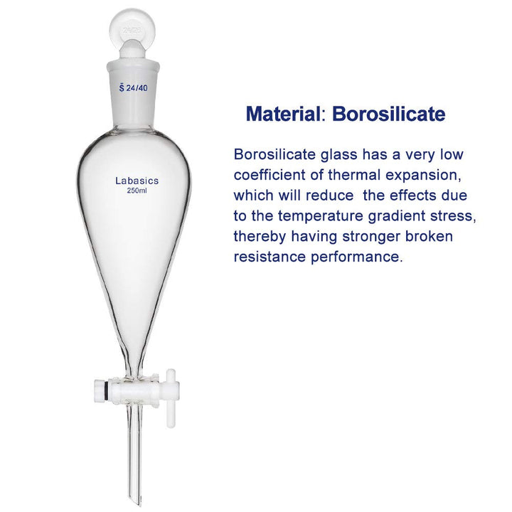 Labasics Borosilikatglas Konischer Scheidetrichter mit PTFE-Absperrhahn, Separatory Funnel 250ml 250