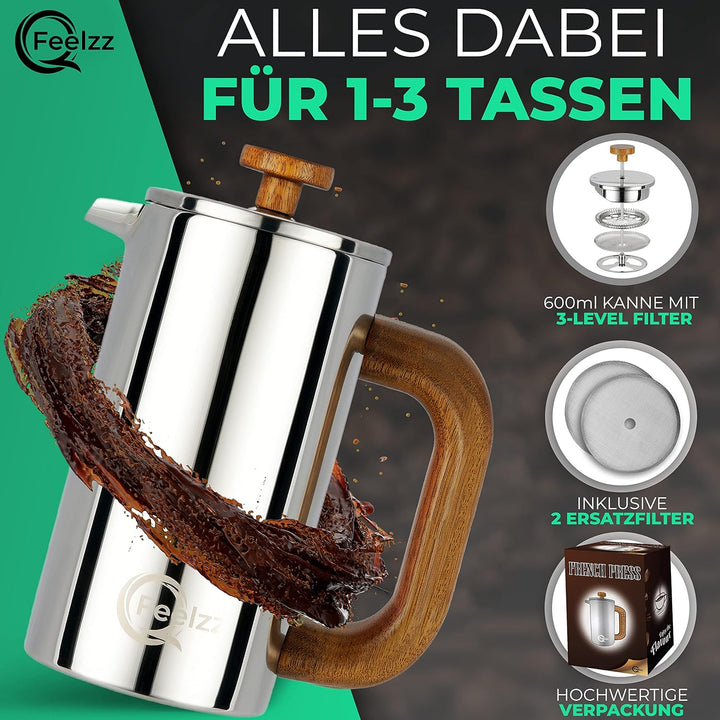 QFeelzz French Press – Edelstahl Kaffeebereiter mit Holzelementen – Thermo Kaffeepresse [Silber-Desi