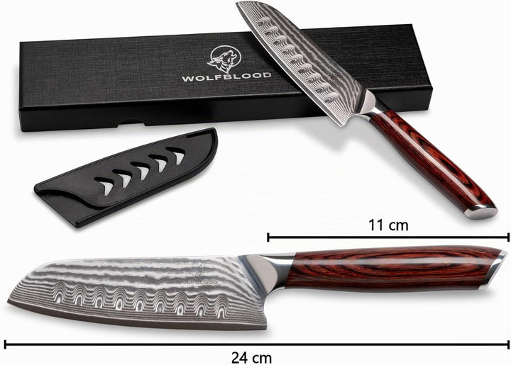 Wolfblood Damastmesser Santoku Messer L(24cm) TÜV geprüfter 62 HRC Damaststahl aus 67 Lagen I Damast