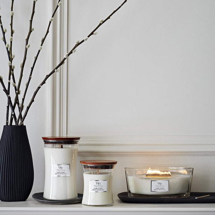 Ellipsenförmige WoodWick Duftkerze mit knisterndem Docht, Island Coconut, bis zu 50 Stunden Brenndau