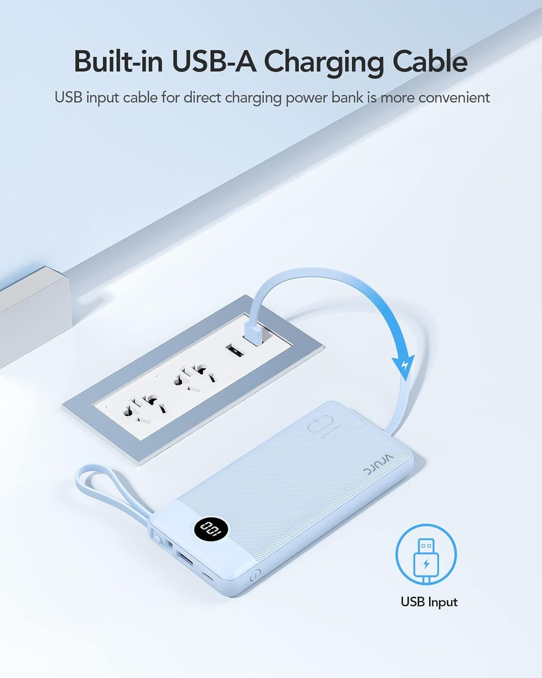 VRURC Powerbank 10000mAh mit Kabel, Power Bank Tragbares Ladegerät USB C Externer Handyakkus LED Dis