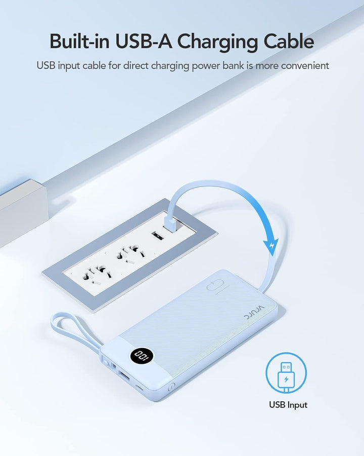 VRURC Powerbank 10000mAh mit Kabel, Power Bank Tragbares Ladegerät USB C Externer Handyakkus LED Dis
