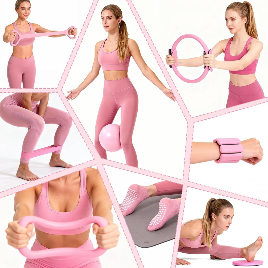 Pilates Set, 14PCS Rosa Pilates Set für Zuhause Mit Pilate Ring, Ball, Socken, Verstellbaren Handgel