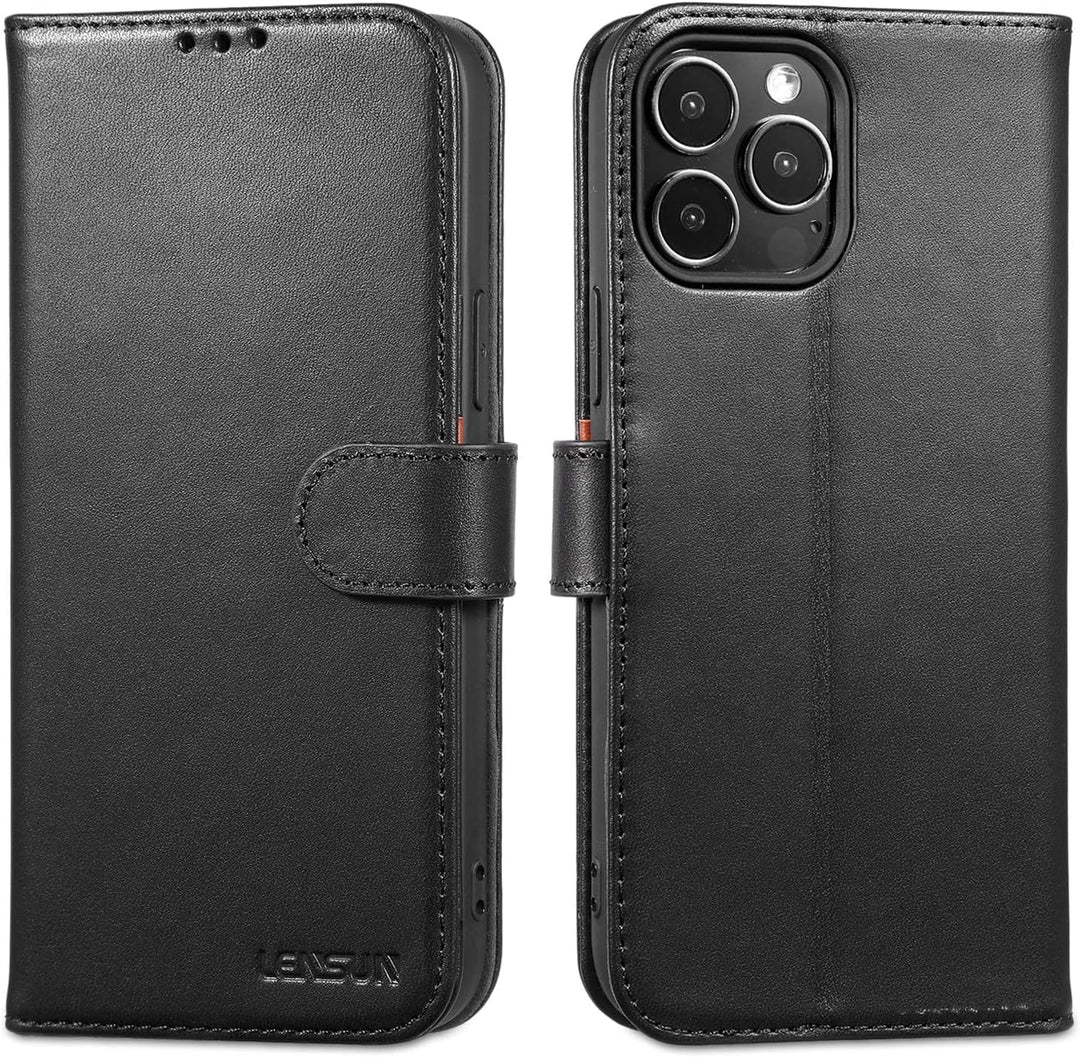 LENSUN Echtleder Hülle für iPhone 13 Pro Max, Handyhülle [Echtes Leder][3 Kartenfächer][RFID Schutz]