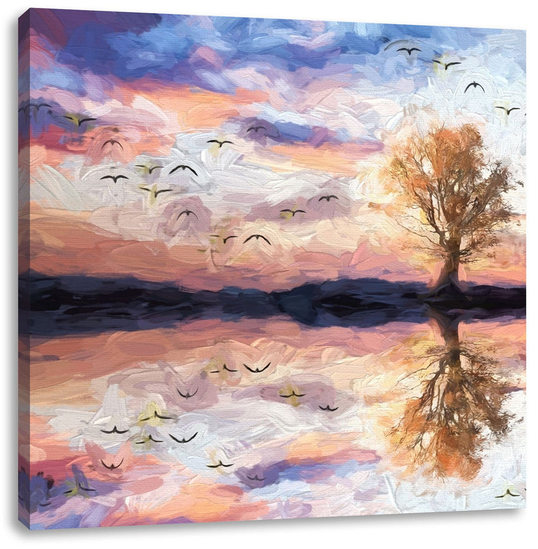Baum in Dämmerung, Format: 70x70 auf Leinwand, XXL riesige Bilder fertig gerahmt mit Keilrahmen, Kun