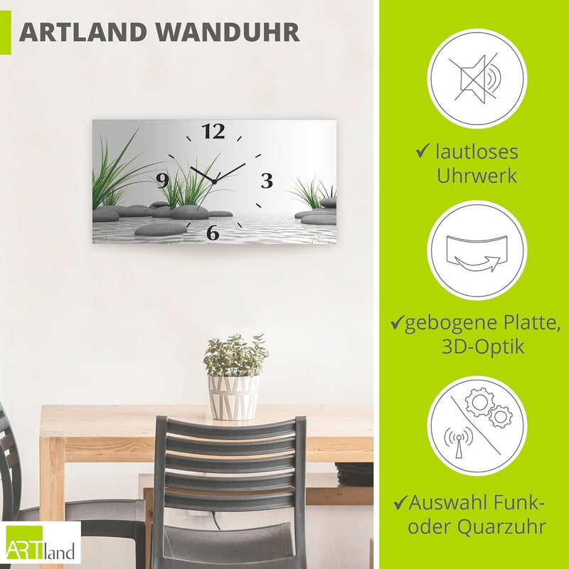 ARTLAND Wanduhr ohne Tickgeräusche Alu Quarzuhr 60x30 cm Rechteckig Lautlos Natur Design Zen Spa Ste