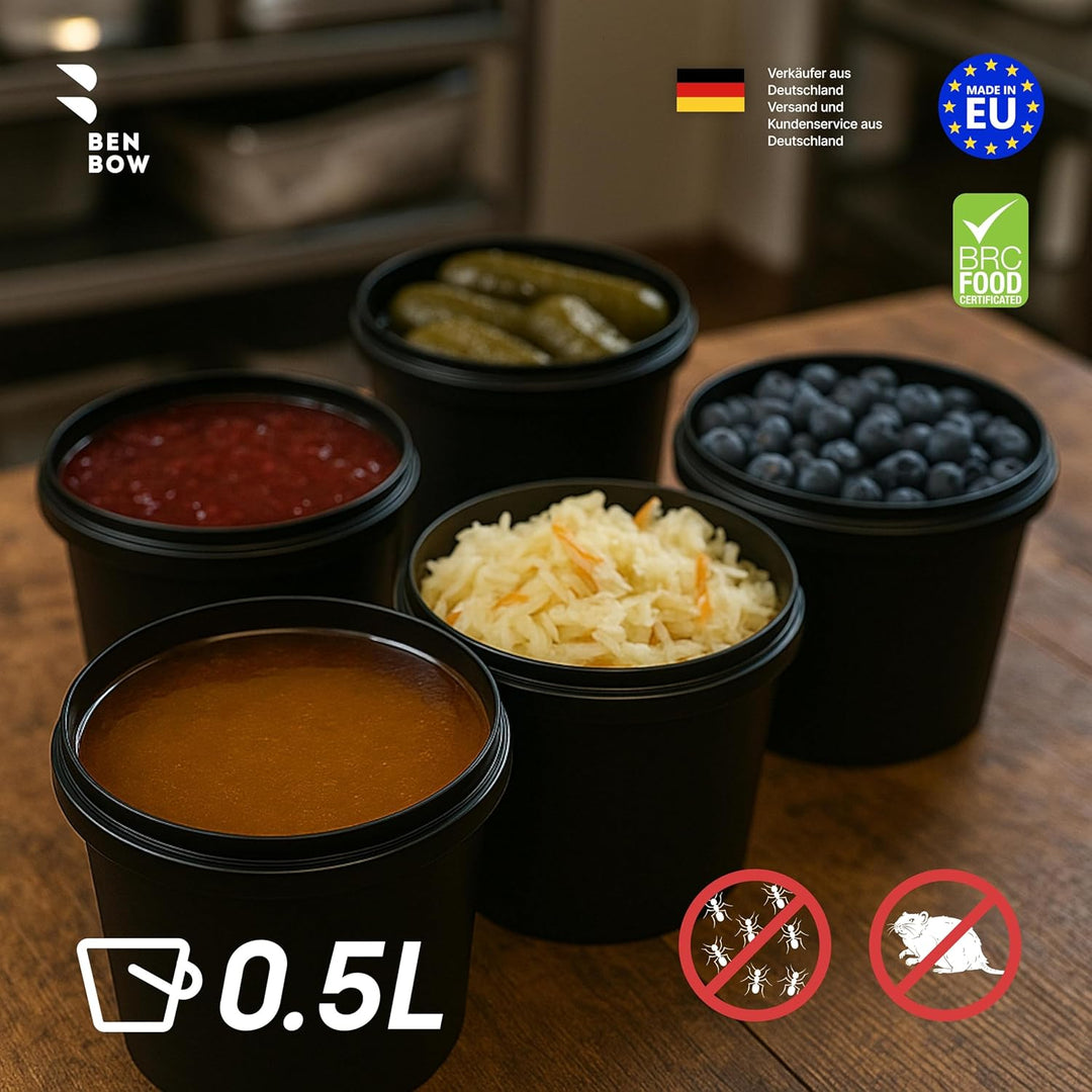 BenBow Eimer mit Deckel 0.5l Schwarz 50x 0.5 Liter - lebensmittelecht, stabil, luftdicht, auslaufsic