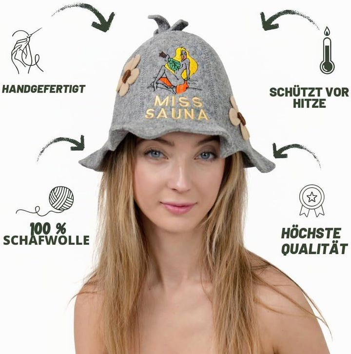 Saunahut für Damen und Herren aus Filz - Miss Sauna – Grau Saunahut für Herren und Damen aus 100Proz
