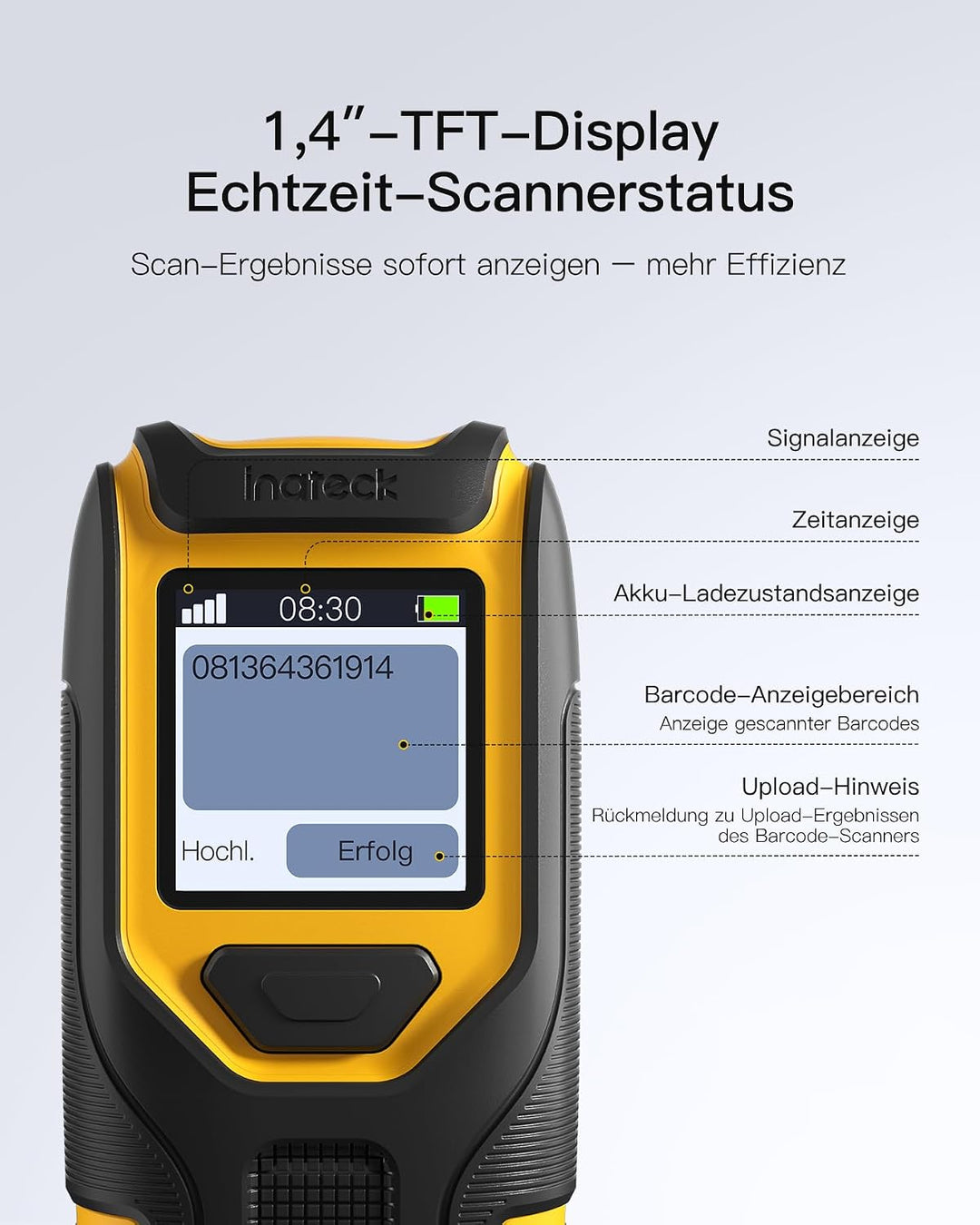 Inateck Barcode Scanner Bluetooth Kleine, 1D 2D QR Code Scanner Kabellos mit Bildschirm für Inventar