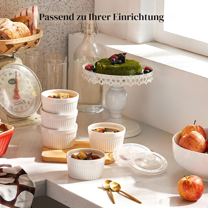 DOWAN Creme Brulee Schälchen Set mit Deckel, 6 X 235 ml Antihaft Souffle Förmchen Backofenfest, Porz