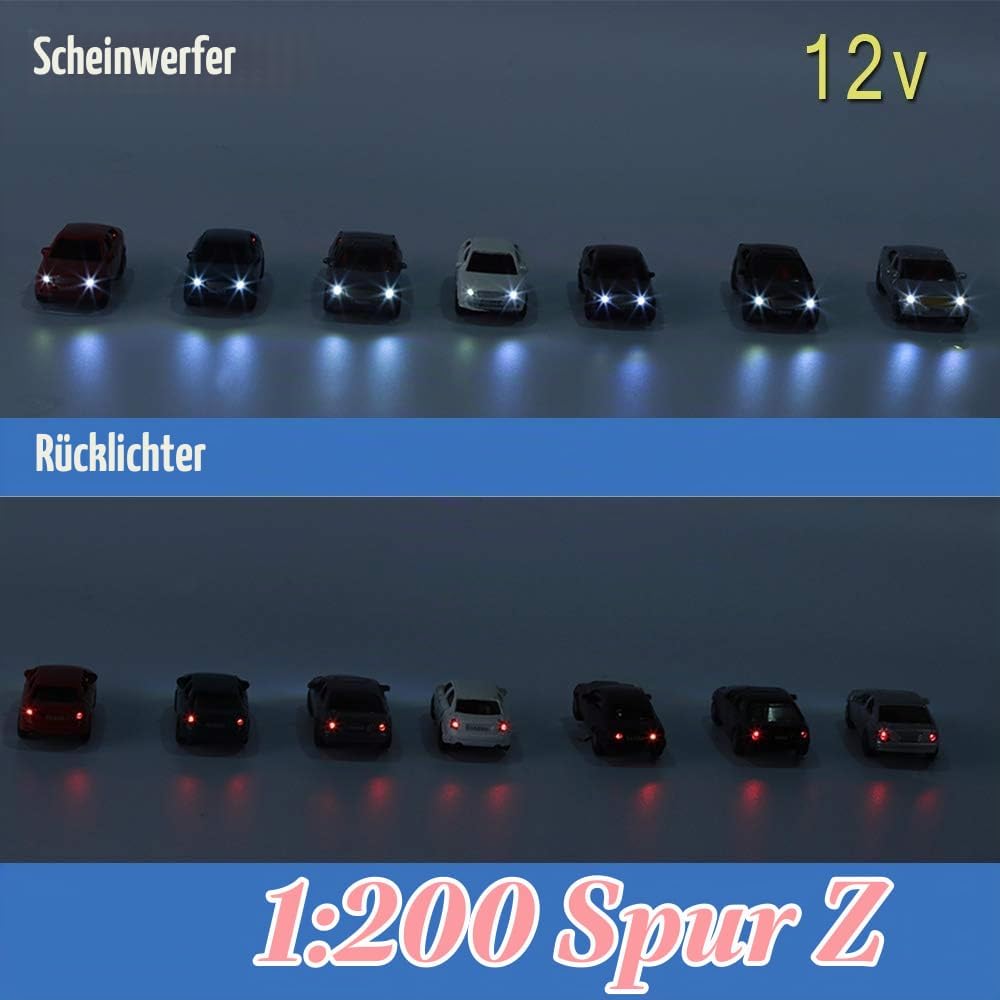 Evemodel 12 STK. Spur Z 1:200 Modell Autos PKW mit Beleuchtung 12V 1/200 Spur Z, 1/200 Spur Z