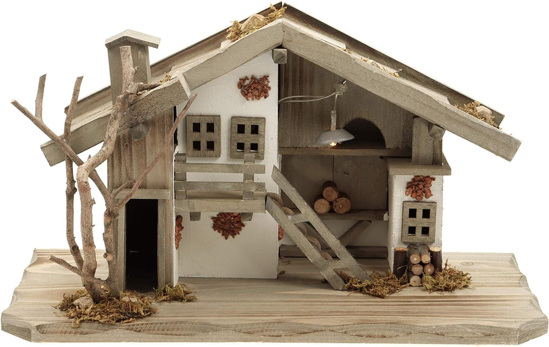 Holz Krippenstall, Weihnachtskrippe mit Licht 38*18*21cm (OHNE Krippenfiguren), OHNE Krippenfiguren
