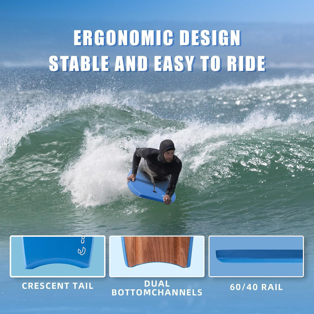 Body Boards for Beach Lightweight Durable Body Board with EPS Core Dual Channel Double Swivel Coiled