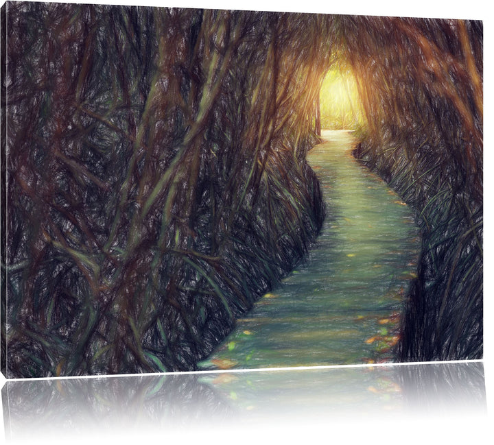 Pixxprint Gehweg im Wald / 100x70cm Leinwandbild bespannt auf Holzrahmen/Wandbild Kunstdruck Dekorat