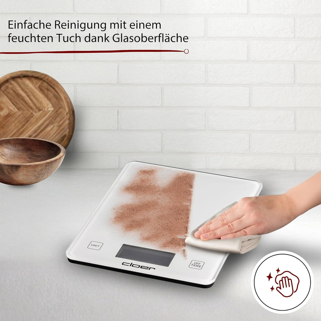 Cloer 6871 Digitale Küchenwaage für bis zu 10 kg, Zuwiegefunktion, Gewichtsmessung in 1 g Schritten,