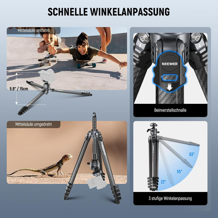 NEEWER LITETRIP LT38 61" Reisestativ Kamera, tragbarer Ständer aus Carbonfaser, 360°Kugelkopf, Arca