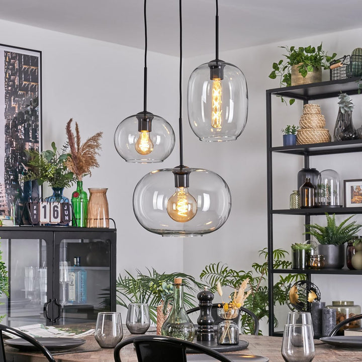 HOFSTEIN Hängeleuchte Apedo, 3-flammige Hängelampe aus Metall/Glas in Schwarz/Klar, moderne Pendelle